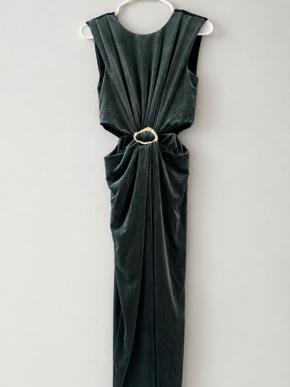 Dark Green Velvet Cut-Out Mid Dress with Gold Ring Detail